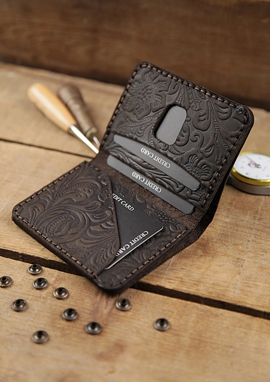 Handcrafted Western Floral Tooled Leather Card Wallet