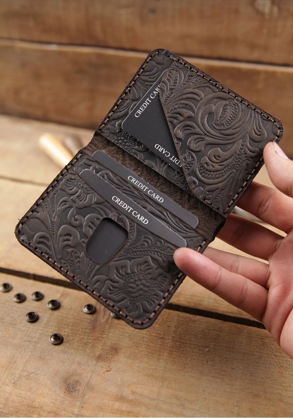 Handcrafted Western Floral Tooled Leather Card Wallet