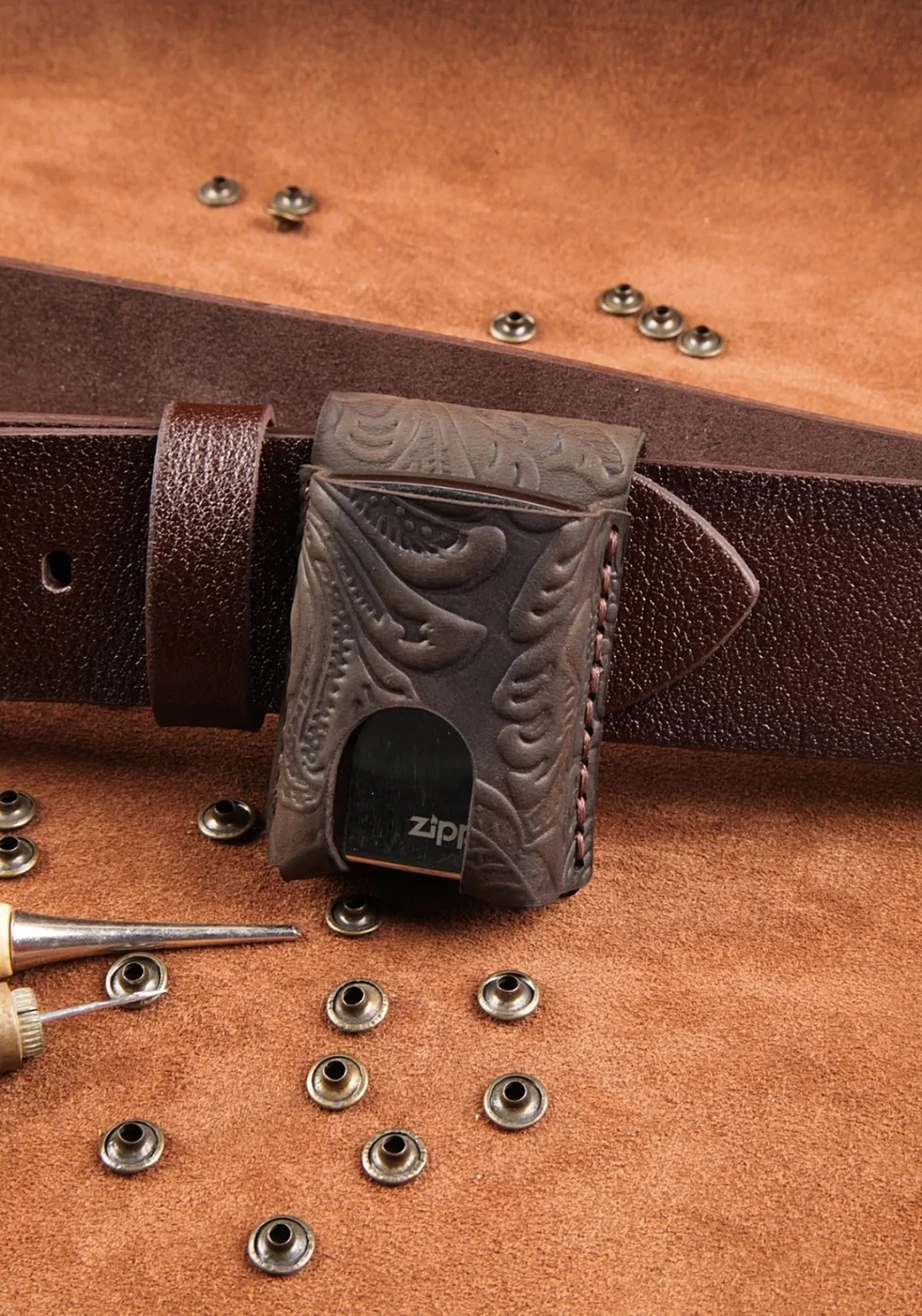 Handcrafted Western Tooled Leather Lighter Case with Belt Loop