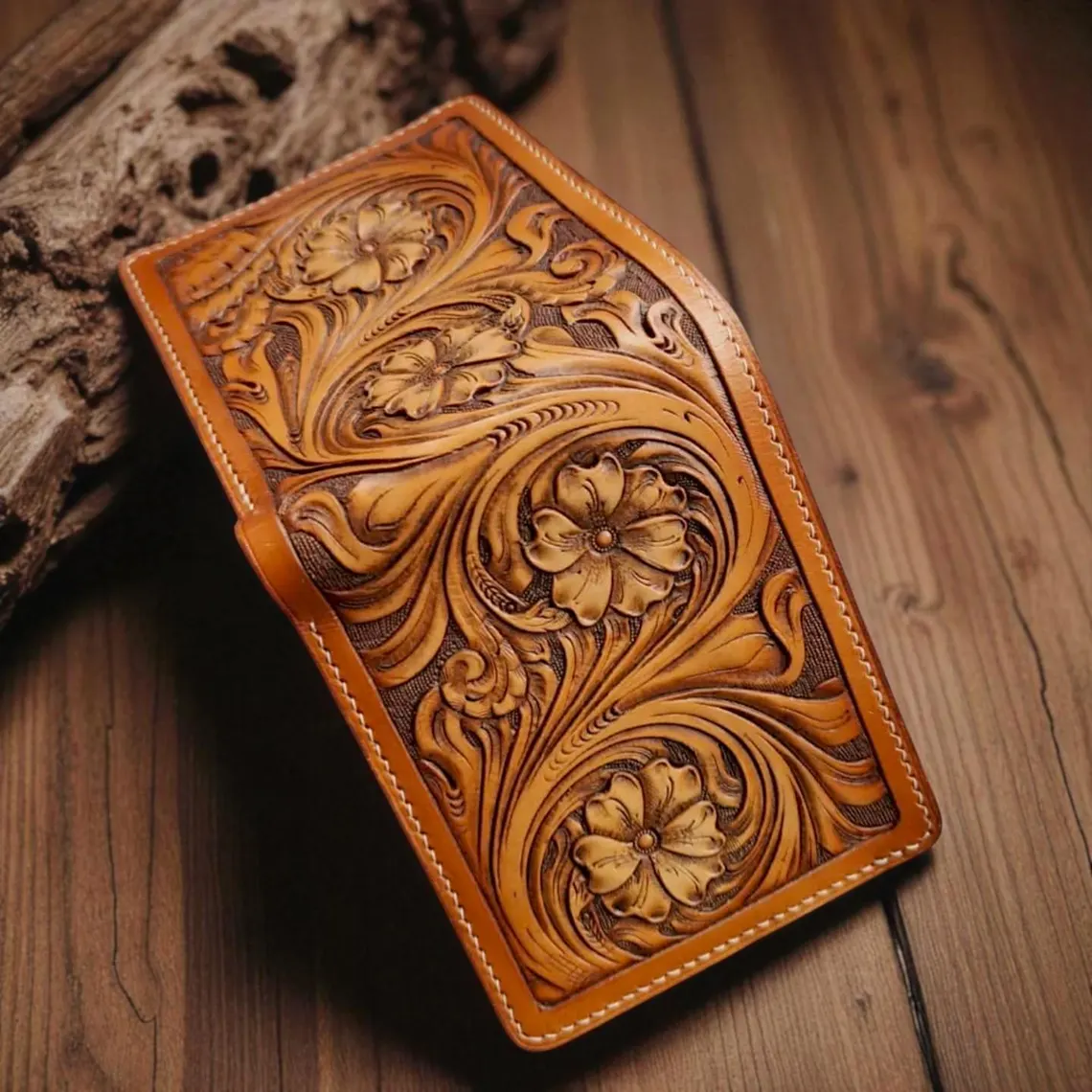 Handcrafted Western Floral Tooled Leather Bi-Fold Wallet