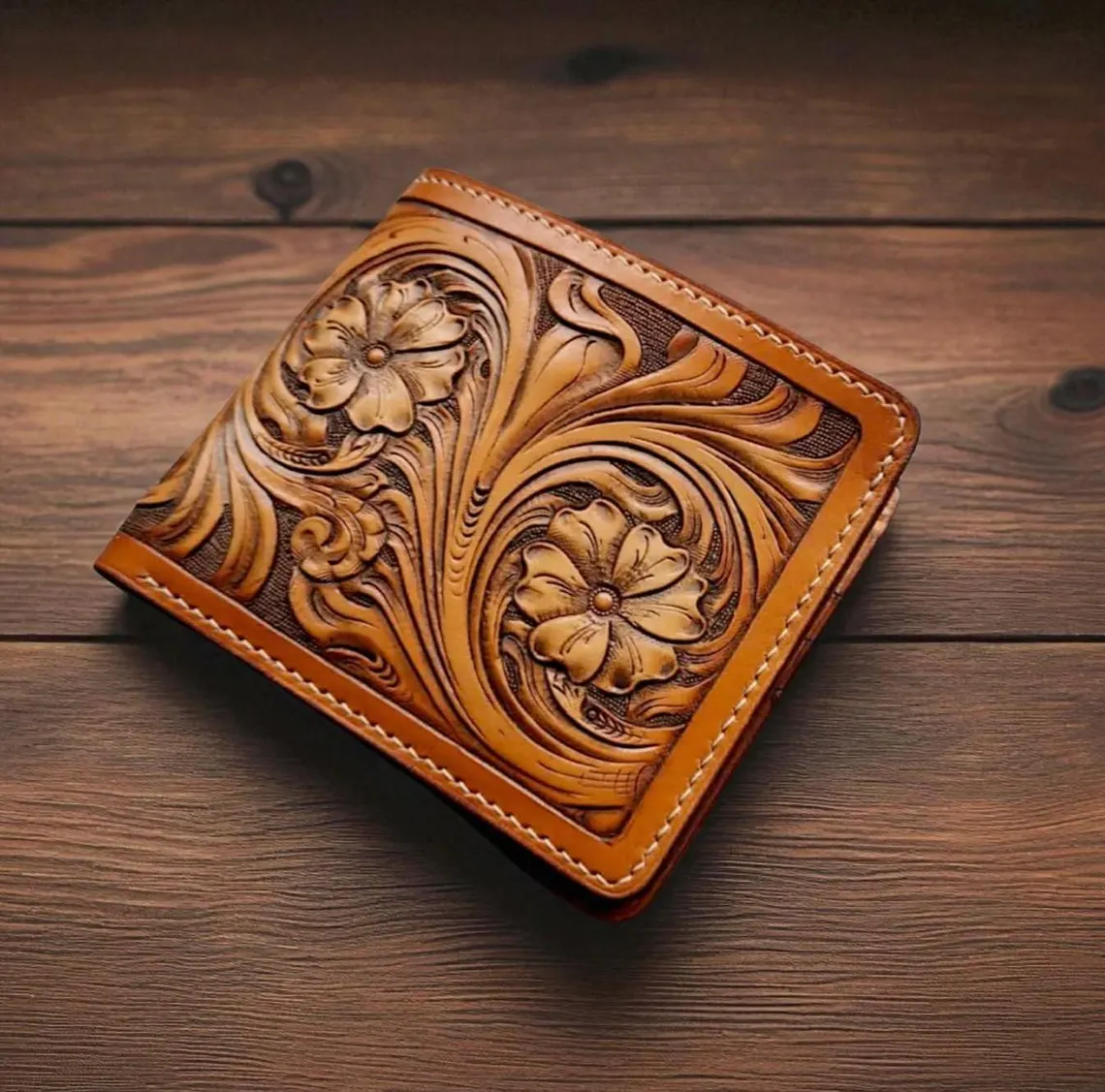 Handcrafted Western Floral Tooled Leather Bi-Fold Wallet
