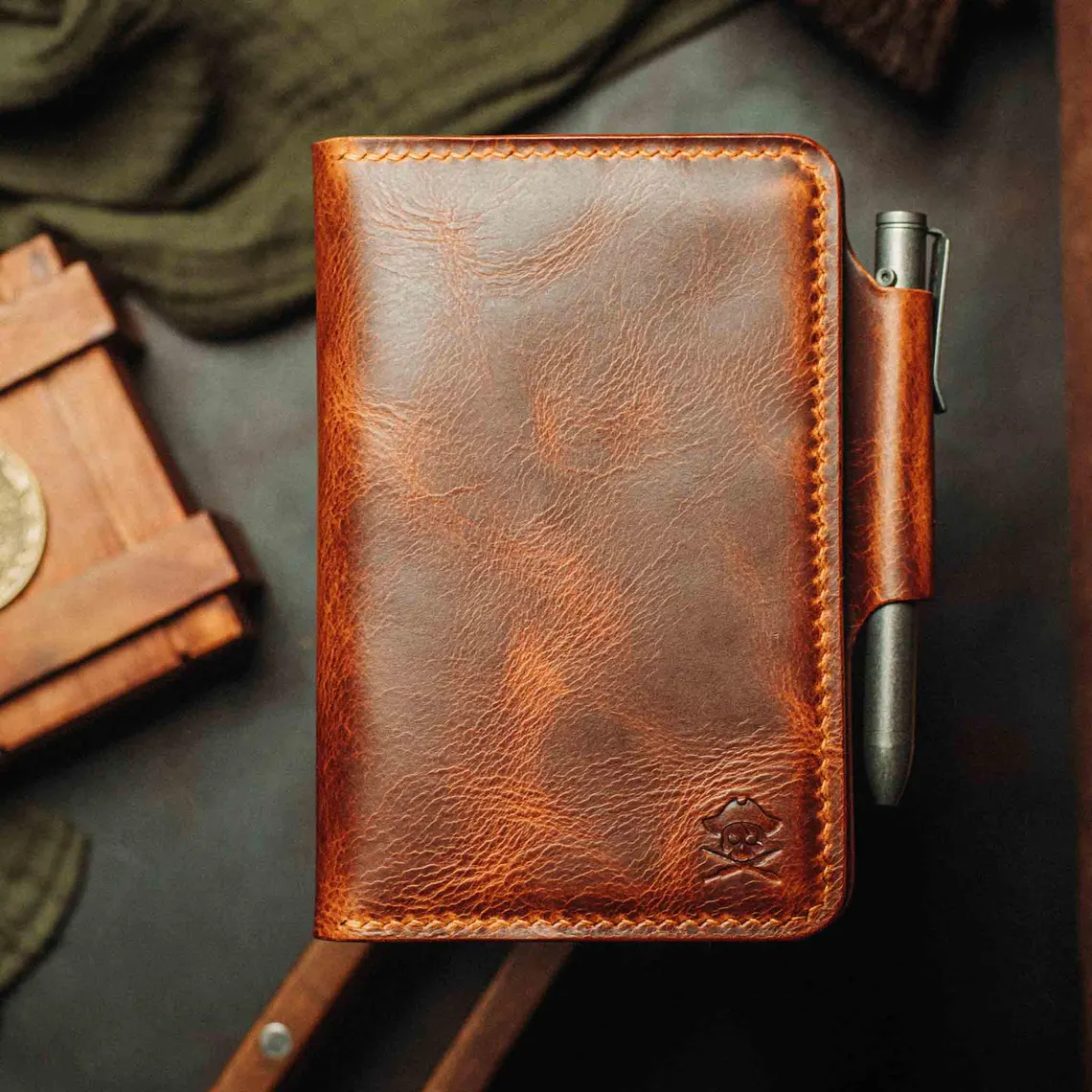 Handcrafted Distressed Leather Pocket Notebook Cover with Pen Loop