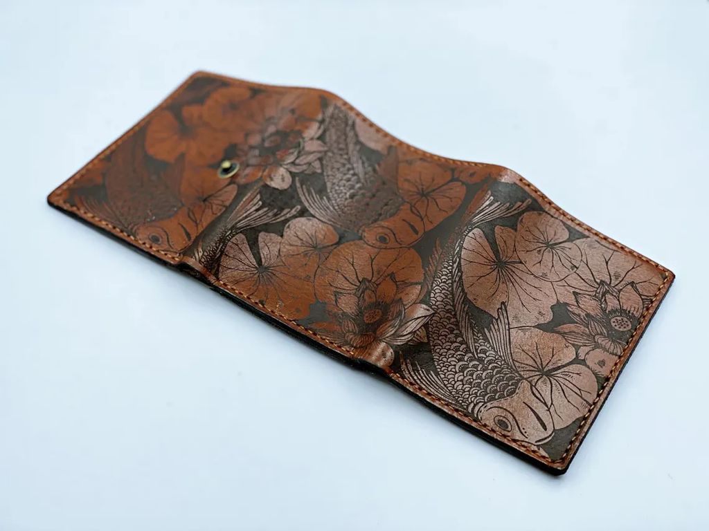 Handcrafted Japanese Koi Fish Etched Leather Tri-Fold Wallet