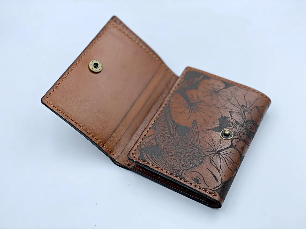 Handcrafted Japanese Koi Fish Etched Leather Tri-Fold Wallet