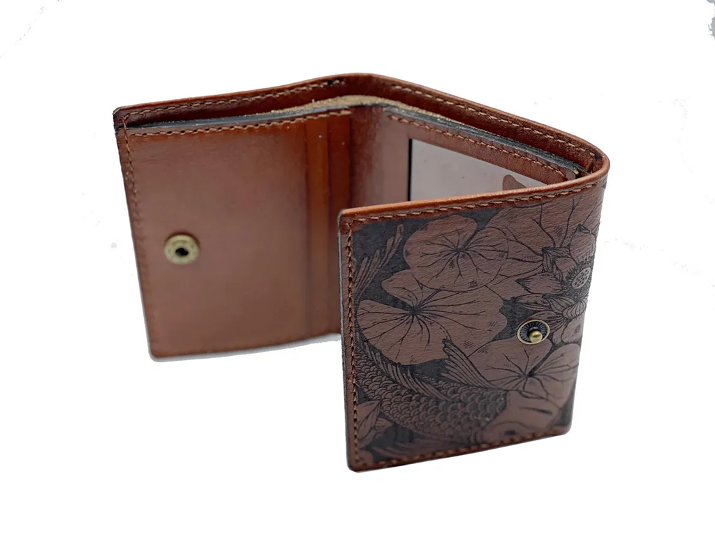 Handcrafted Japanese Koi Fish Etched Leather Tri-Fold Wallet