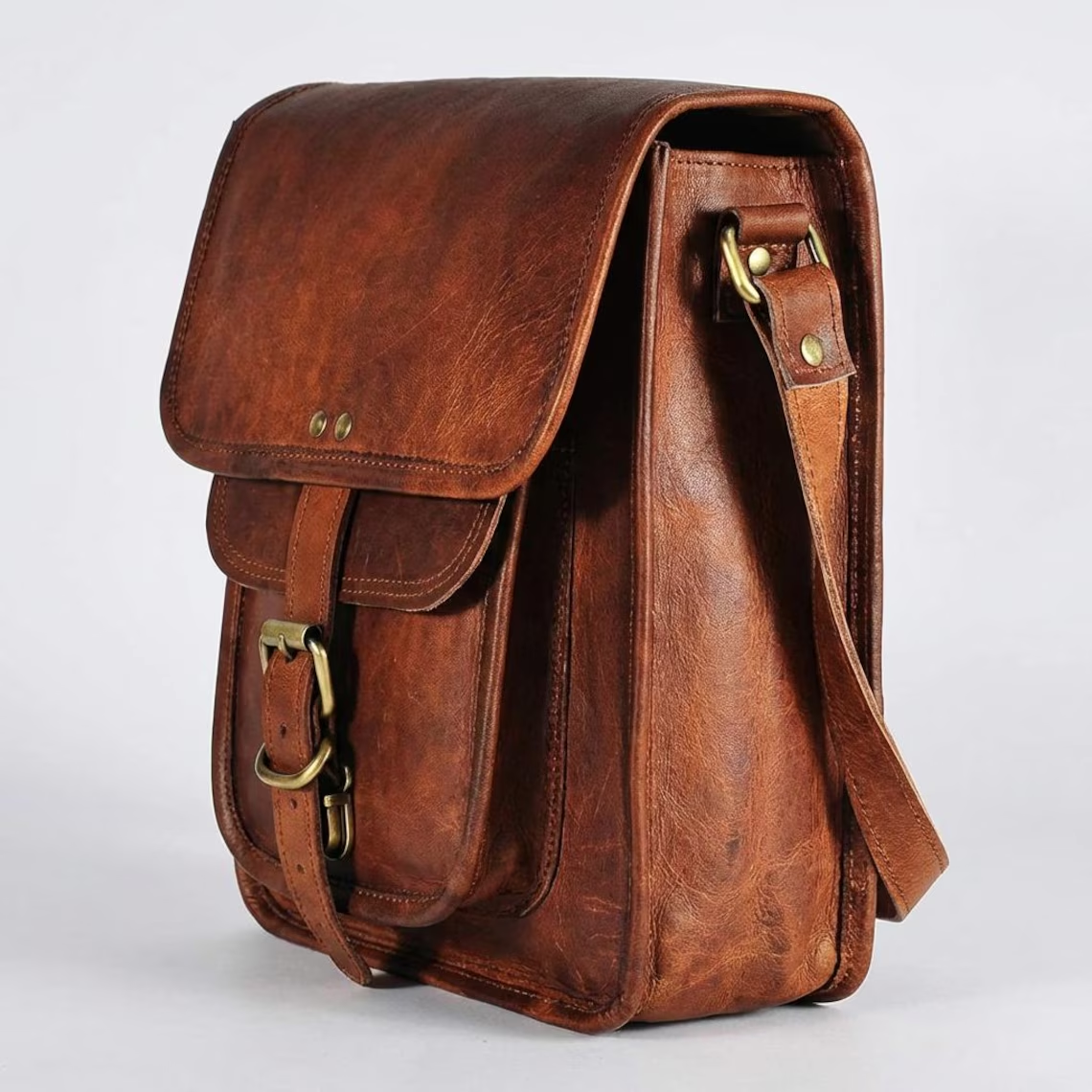 Handcrafted Vertical Leather Messenger Bag Crossbody Satchel
