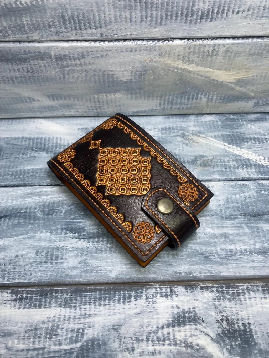 Handcrafted Geometric Tooled Leather Bi-Fold Wallet with Snap