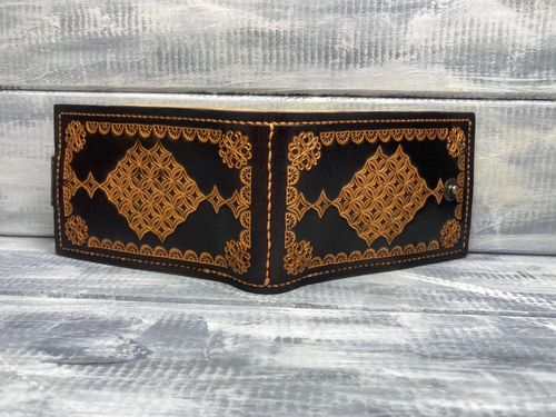 Handcrafted Geometric Tooled Leather Bi-Fold Wallet with Snap